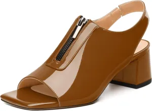Womens Pumps, Square Peep Toe Mid Block Heel Slingback Pumps for Women, Open Toe Backless Pumps with Front Zipper 2