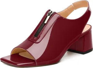 Womens Pumps, Square Peep Toe Mid Block Heel Slingback Pumps for Women, Open Toe Backless Pumps with Front Zipper 2