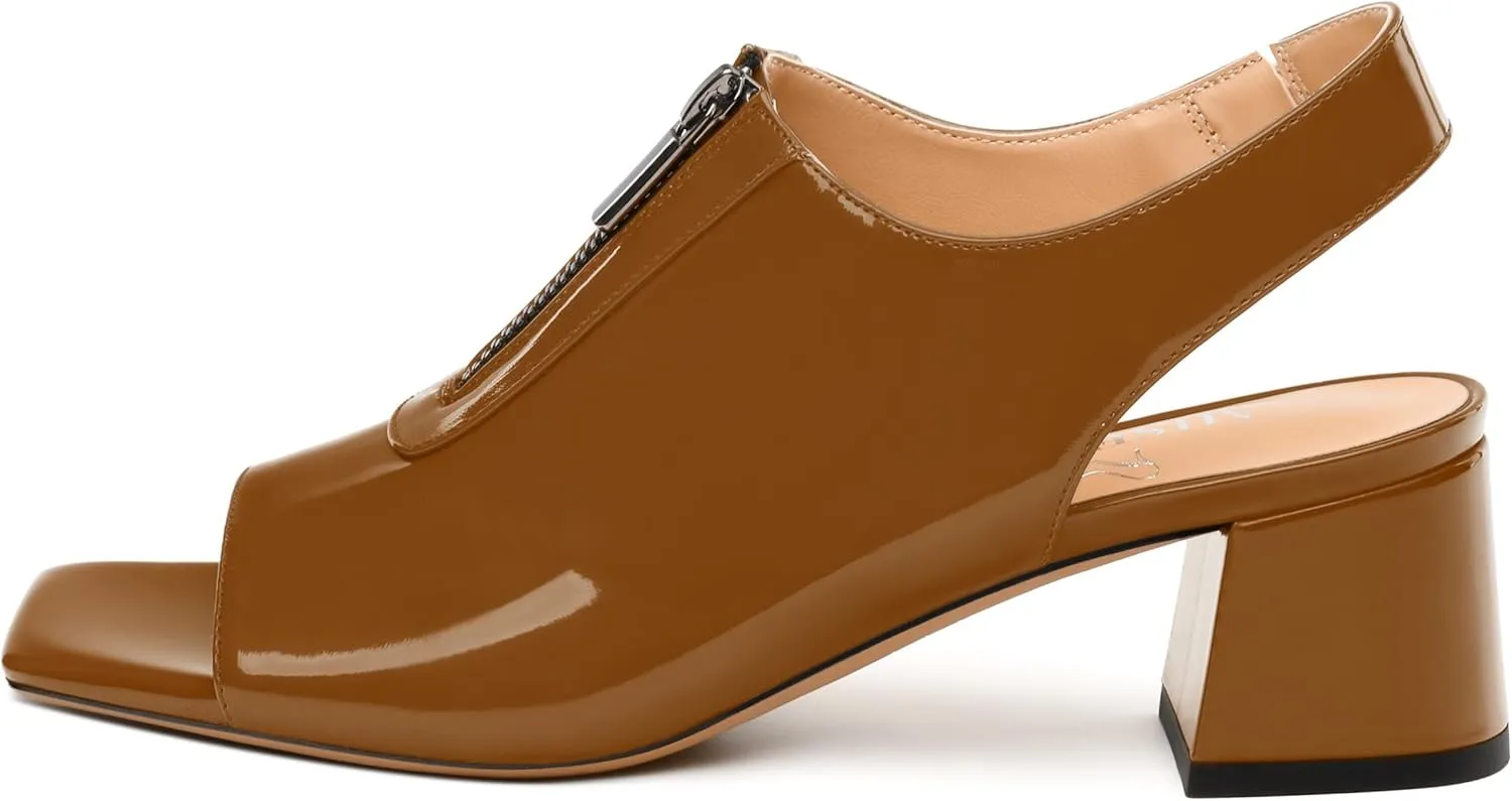 Womens Pumps, Square Peep Toe Mid Block Heel Slingback Pumps for Women, Open Toe Backless Pumps with Front Zipper 2
