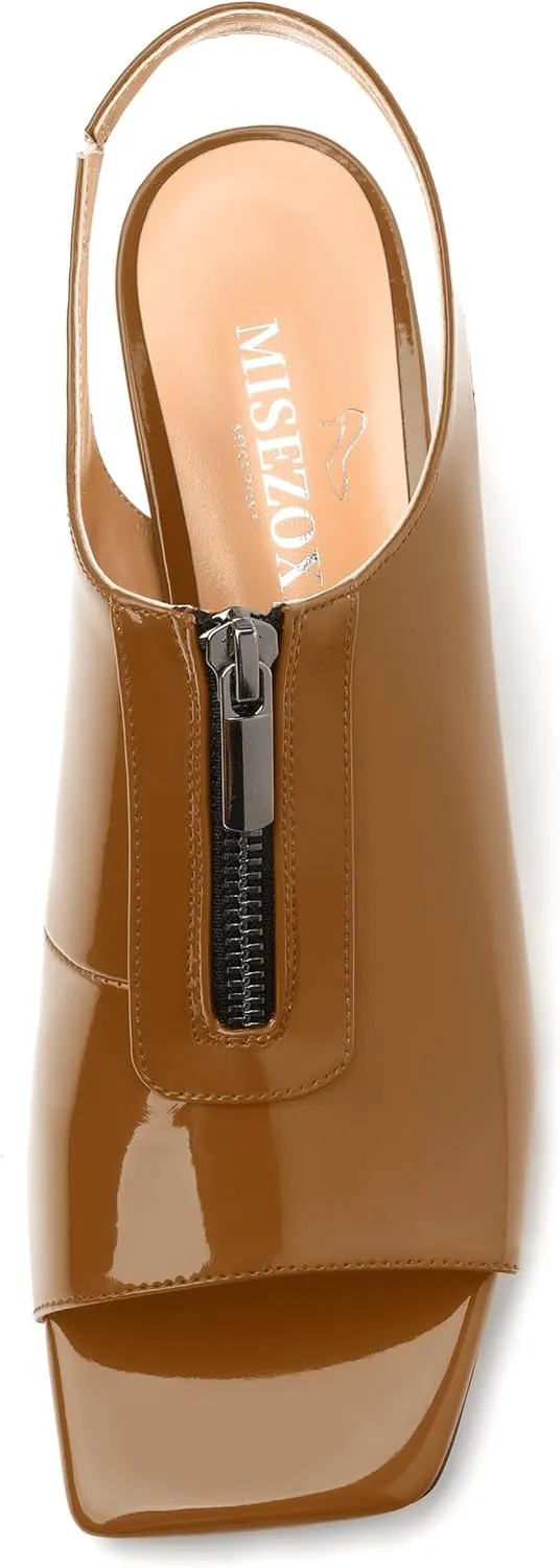 Womens Pumps, Square Peep Toe Mid Block Heel Slingback Pumps for Women, Open Toe Backless Pumps with Front Zipper 2