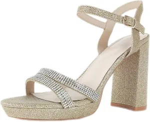 Women's Rhinestone Heeled Sandals Block Chunky High Heels Sparkly Open Toe Ankle Strap Dress Sandals Gold Silver US5-11