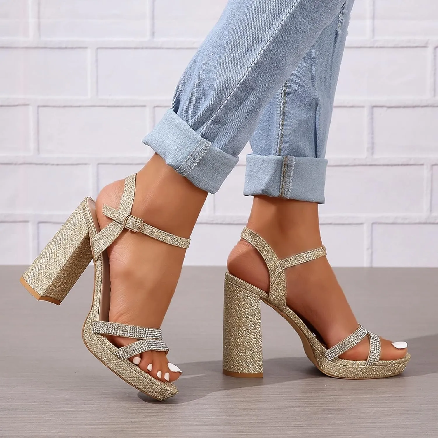 Women's Rhinestone Heeled Sandals Block Chunky High Heels Sparkly Open Toe Ankle Strap Dress Sandals Gold Silver US5-11