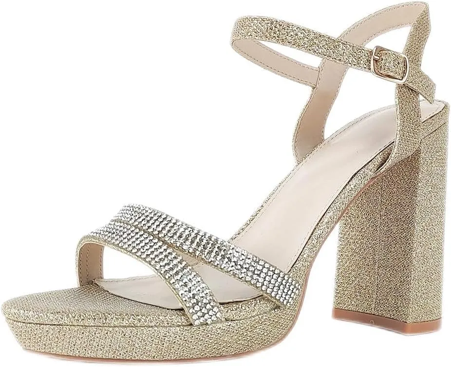 Women's Rhinestone Heeled Sandals Block Chunky High Heels Sparkly Open Toe Ankle Strap Dress Sandals Gold Silver US5-11