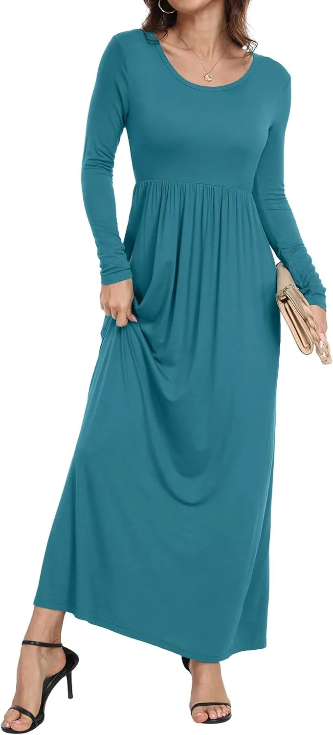 Women's Short/Long Sleeve Loose Plain Long Maxi Casual Dresses with Pockets