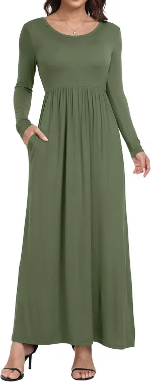 Women's Short/Long Sleeve Loose Plain Long Maxi Casual Dresses with Pockets
