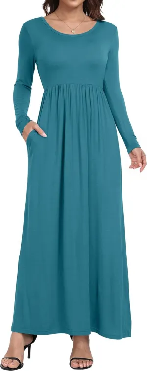 Women's Short/Long Sleeve Loose Plain Long Maxi Casual Dresses with Pockets