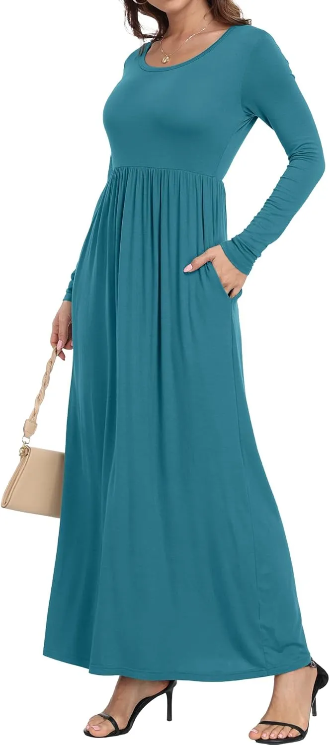 Women's Short/Long Sleeve Loose Plain Long Maxi Casual Dresses with Pockets