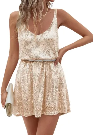 Womens Sleeveless Sequin V-Neck Party Dress, Summer Backless Short Cami Dresses for Women
