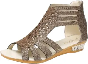 Womens Slide Wedge Sandal Crystal Rhinestone Fish Mouth Dressy Bling Sparkly Thong Sandals Arch Supports Casual Walking Comfortable Slip on Fashion Boho Shoes