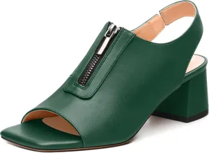 Womens Slingback Pumps, Square Peep Toe Mid Chunky Heel Pumps for Women, Open Toe Backless Pumps with Front Zipper 2