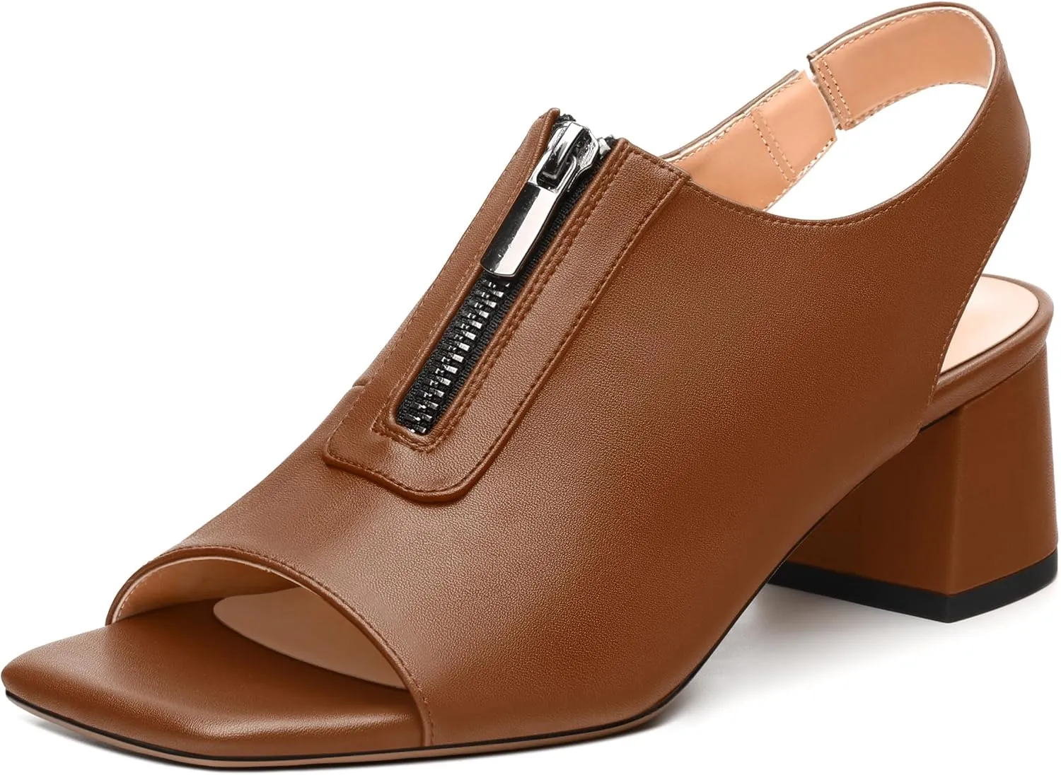 Womens Slingback Pumps, Square Peep Toe Mid Chunky Heel Pumps for Women, Open Toe Backless Pumps with Front Zipper 2
