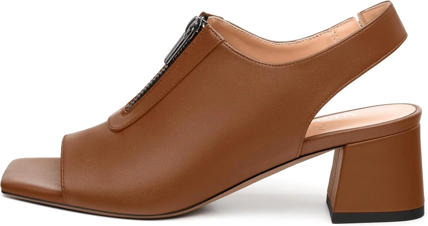 Womens Slingback Pumps, Square Peep Toe Mid Chunky Heel Pumps for Women, Open Toe Backless Pumps with Front Zipper 2