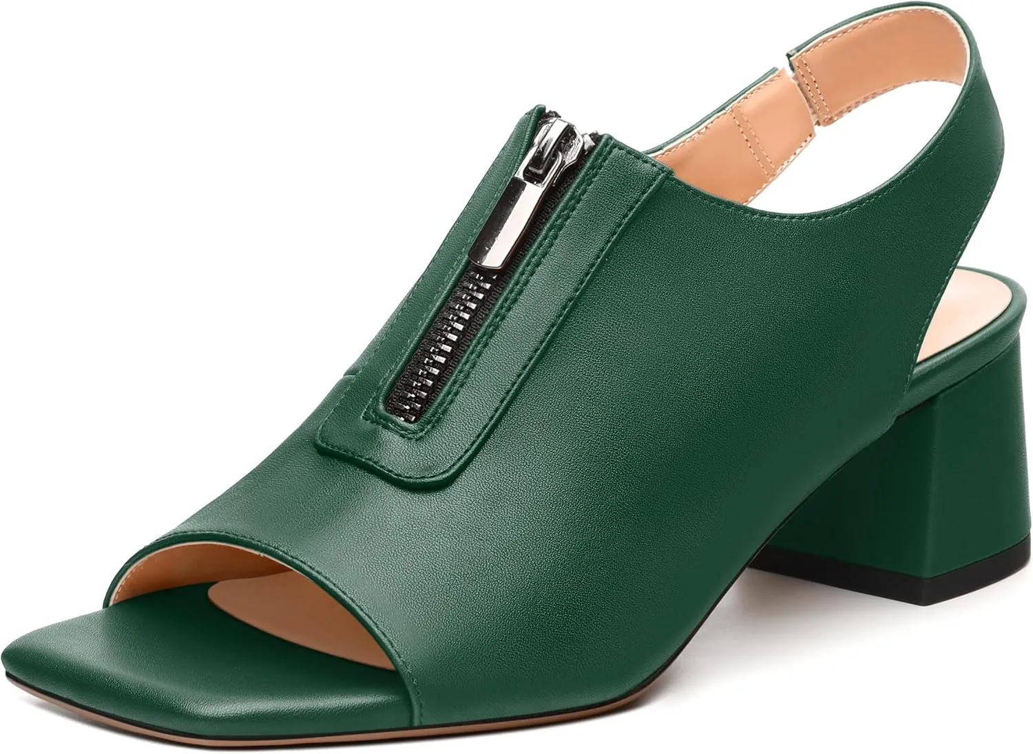 Womens Slingback Pumps, Square Peep Toe Mid Chunky Heel Pumps for Women, Open Toe Backless Pumps with Front Zipper 2
