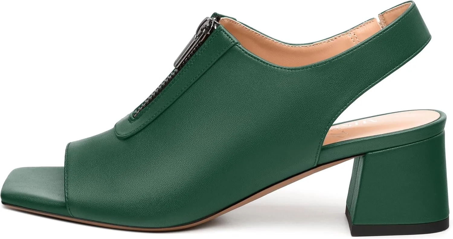 Womens Slingback Pumps, Square Peep Toe Mid Chunky Heel Pumps for Women, Open Toe Backless Pumps with Front Zipper 2