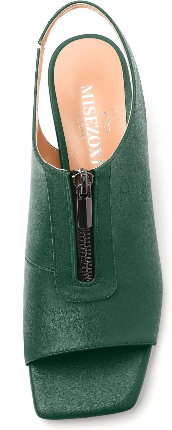 Womens Slingback Pumps, Square Peep Toe Mid Chunky Heel Pumps for Women, Open Toe Backless Pumps with Front Zipper 2