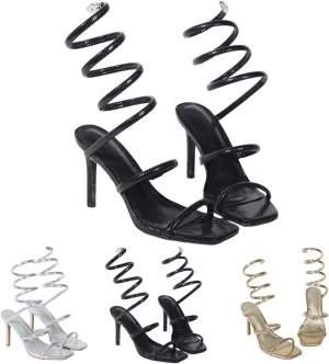 Womens Snake Wrap Spiral Heels Square Open Toe Slip On Stilettos with Metal Snake Head Decoration Sparkly Prom Party Sandal