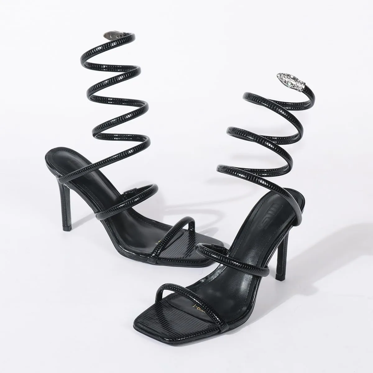 Womens Snake Wrap Spiral Heels Square Open Toe Slip On Stilettos with Metal Snake Head Decoration Sparkly Prom Party Sandal