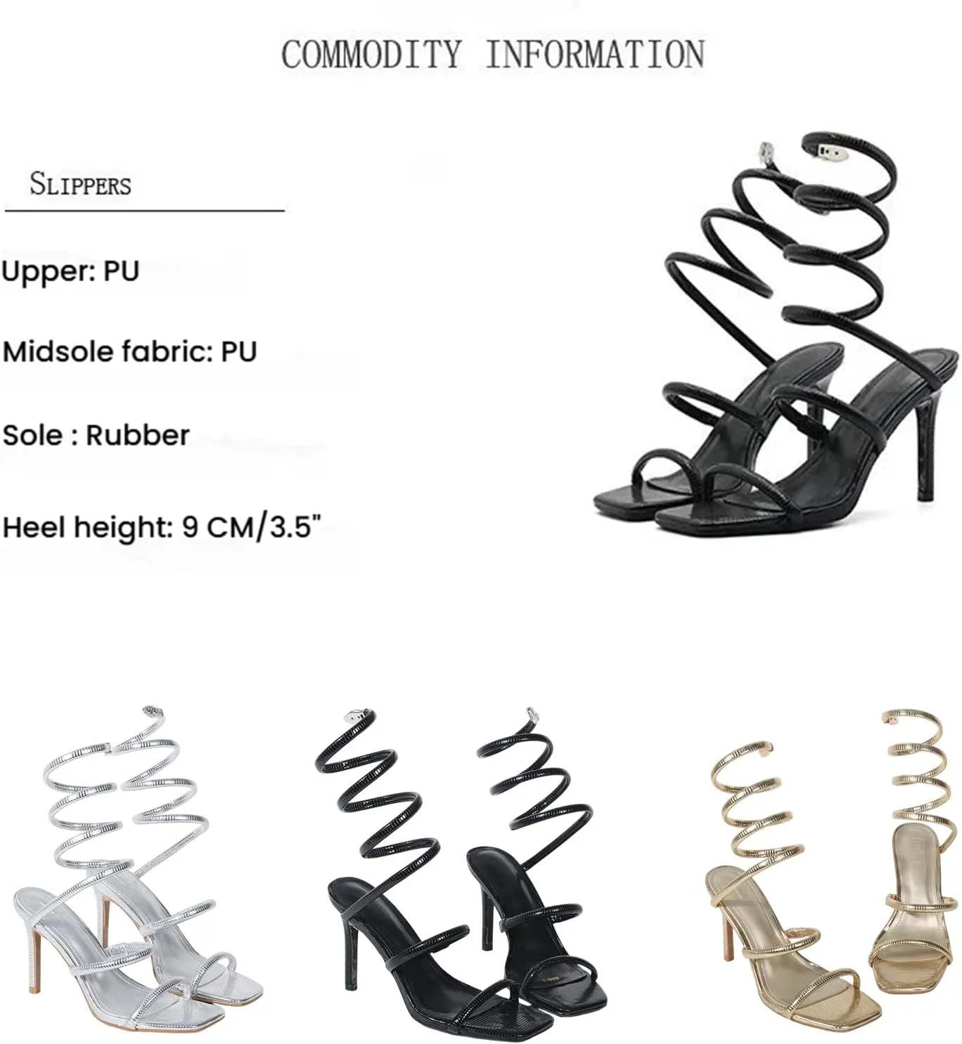 Womens Snake Wrap Spiral Heels Square Open Toe Slip On Stilettos with Metal Snake Head Decoration Sparkly Prom Party Sandal