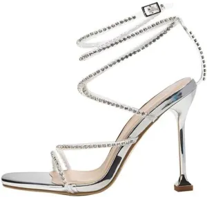 Women's Sparkly Clear Rhinestone Lace Up Ankle High Heel Sandals Open Toe Crystal Straps Stiletto Heel Sandals Party Dress