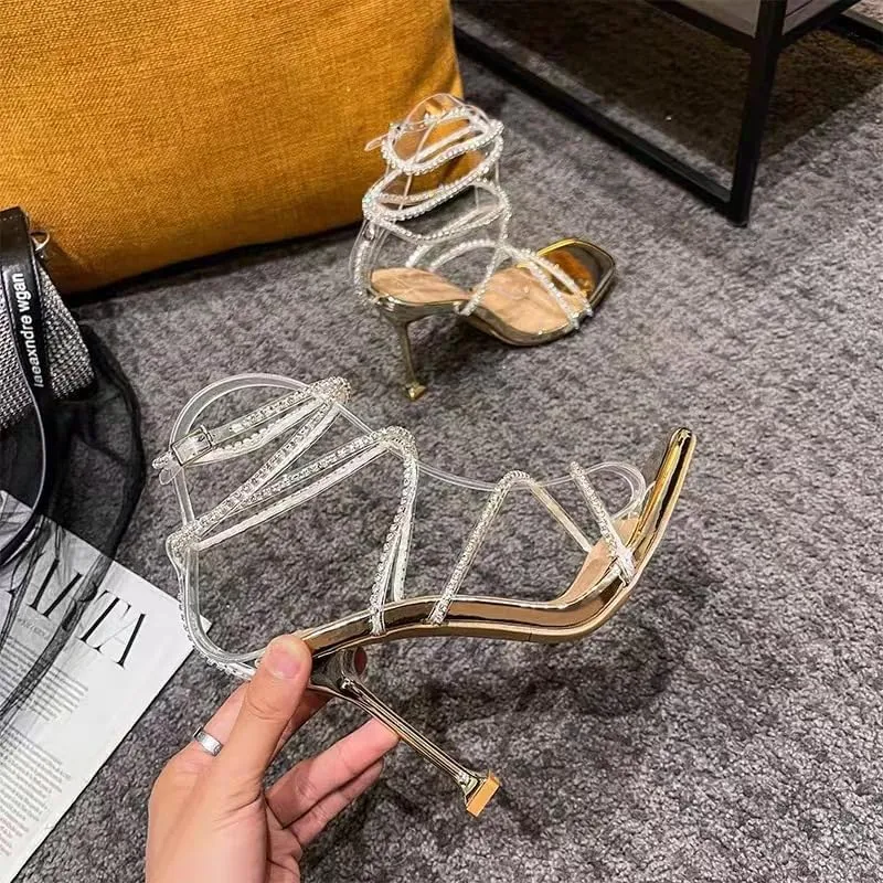 Women's Sparkly Clear Rhinestone Lace Up Ankle High Heel Sandals Open Toe Crystal Straps Stiletto Heel Sandals Party Dress