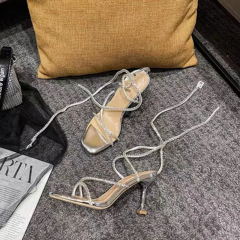 Women's Sparkly Clear Rhinestone Lace Up Ankle High Heel Sandals Open Toe Crystal Straps Stiletto Heel Sandals Party Dress