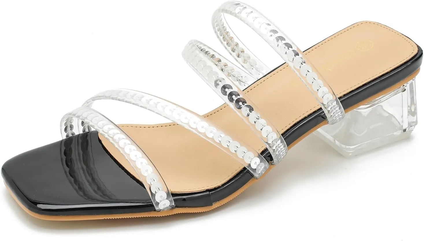 Women's Square Toe Heeled Sandals Strappy Heels Low Chunky Block Clear Heel Mules Slip on Wedding Bridal Party Dress Shoes