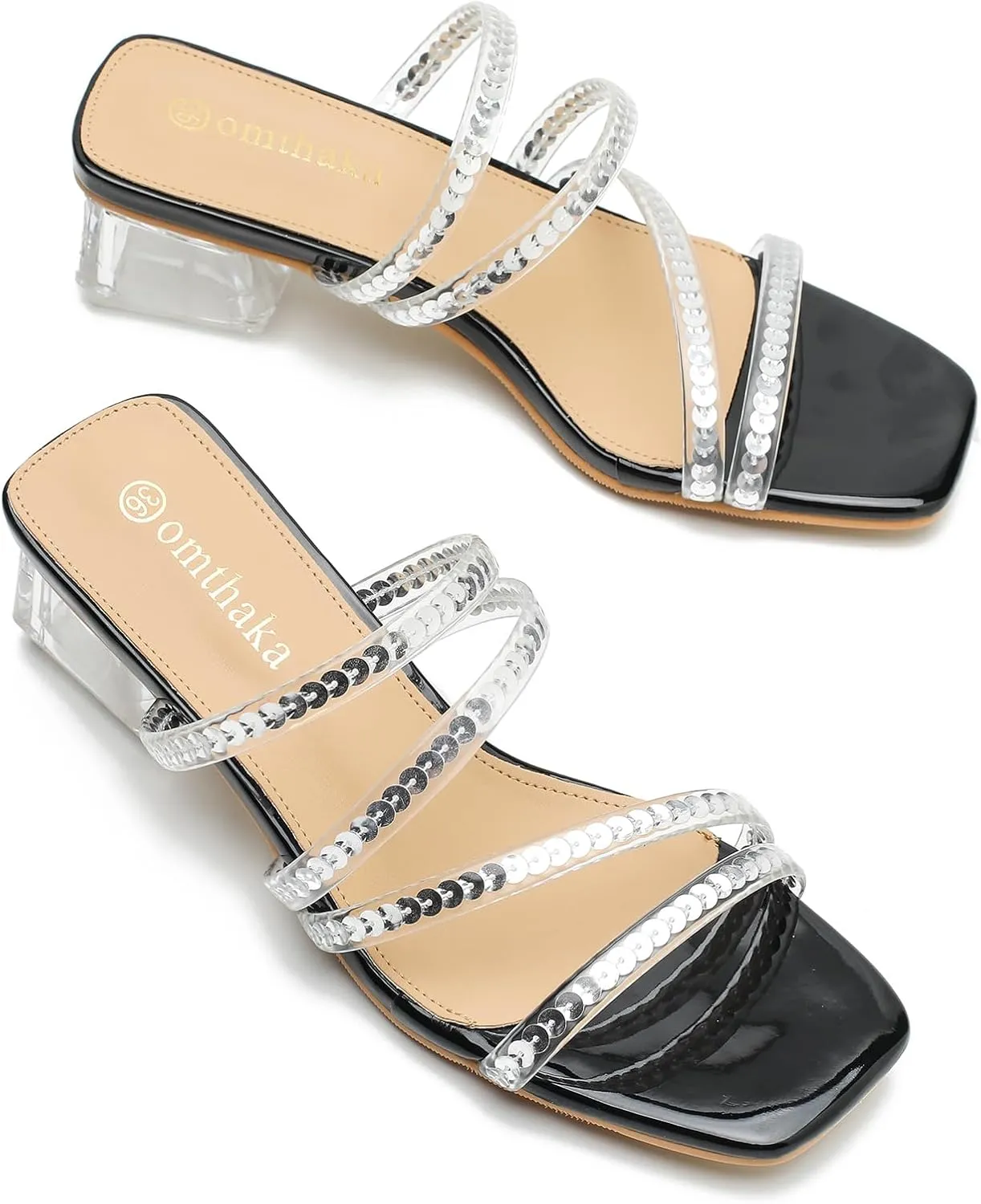 Women's Square Toe Heeled Sandals Strappy Heels Low Chunky Block Clear Heel Mules Slip on Wedding Bridal Party Dress Shoes