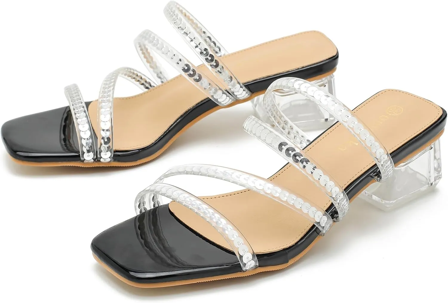 Women's Square Toe Heeled Sandals Strappy Heels Low Chunky Block Clear Heel Mules Slip on Wedding Bridal Party Dress Shoes