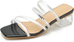 Women's Square Toe Heeled Sandals Strappy Heels Low Chunky Block Clear Heel Mules Slip on Wedding Bridal Party Dress Shoes