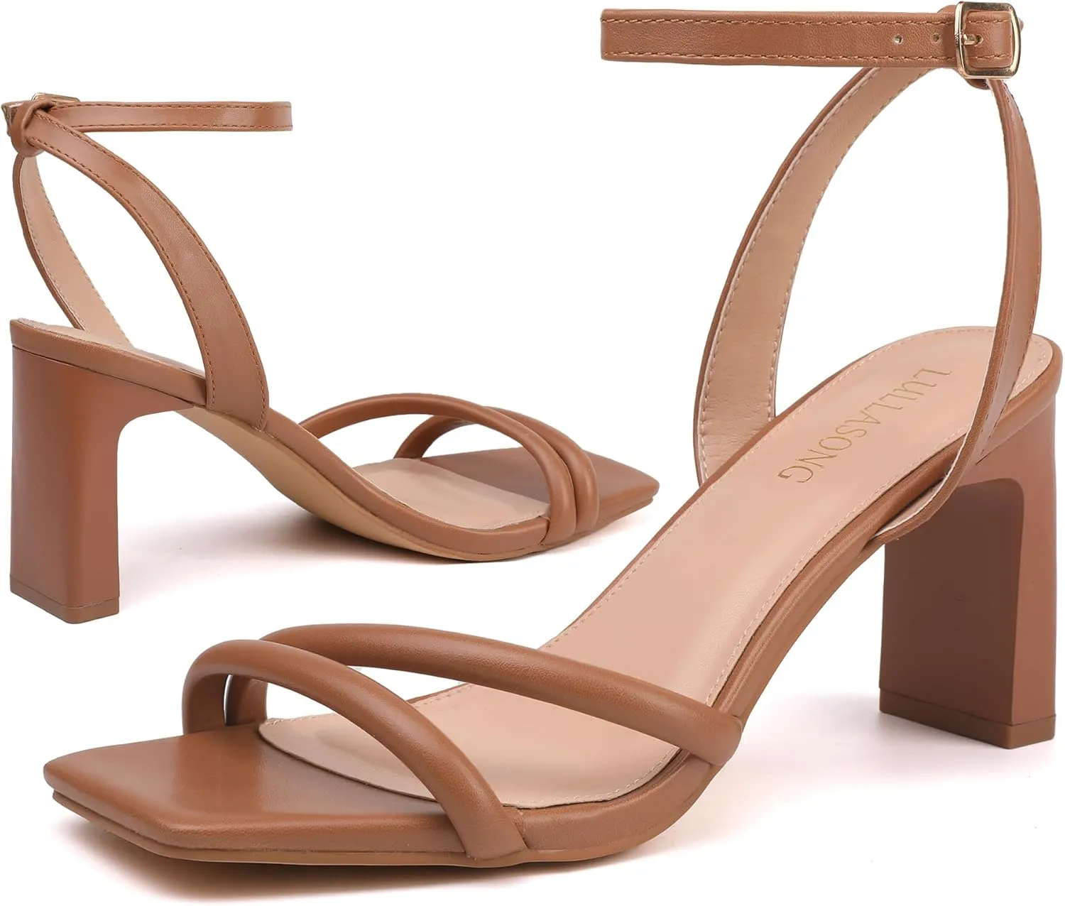 Womens Strappy Heeled Sandals Square Open Toe Chunky High Heels Strappy Ankle Buckle Pump Sandals Sexy Dress Party Shoes