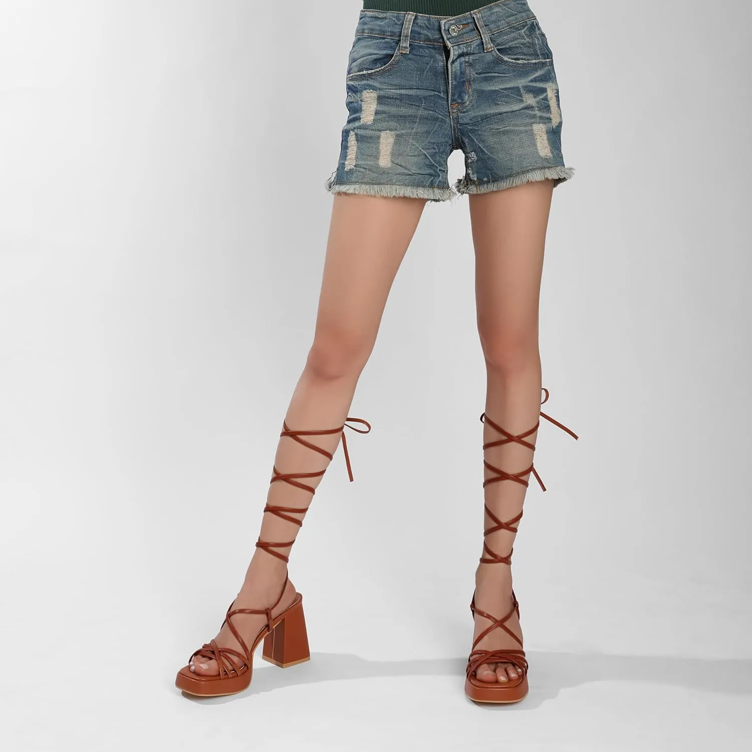 Womens Strappy Heels Lace Up Chunky Heel Sandals, High Heel Cute Platform Sandals Block Heel Wrap Sandals for Women Dressy Sexy with Adjustable Laces Square Toe