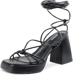 Womens Strappy Heels Lace Up Chunky Heel Sandals, High Heel Cute Platform Sandals Block Heel Wrap Sandals for Women Dressy Sexy with Adjustable Laces Square Toe