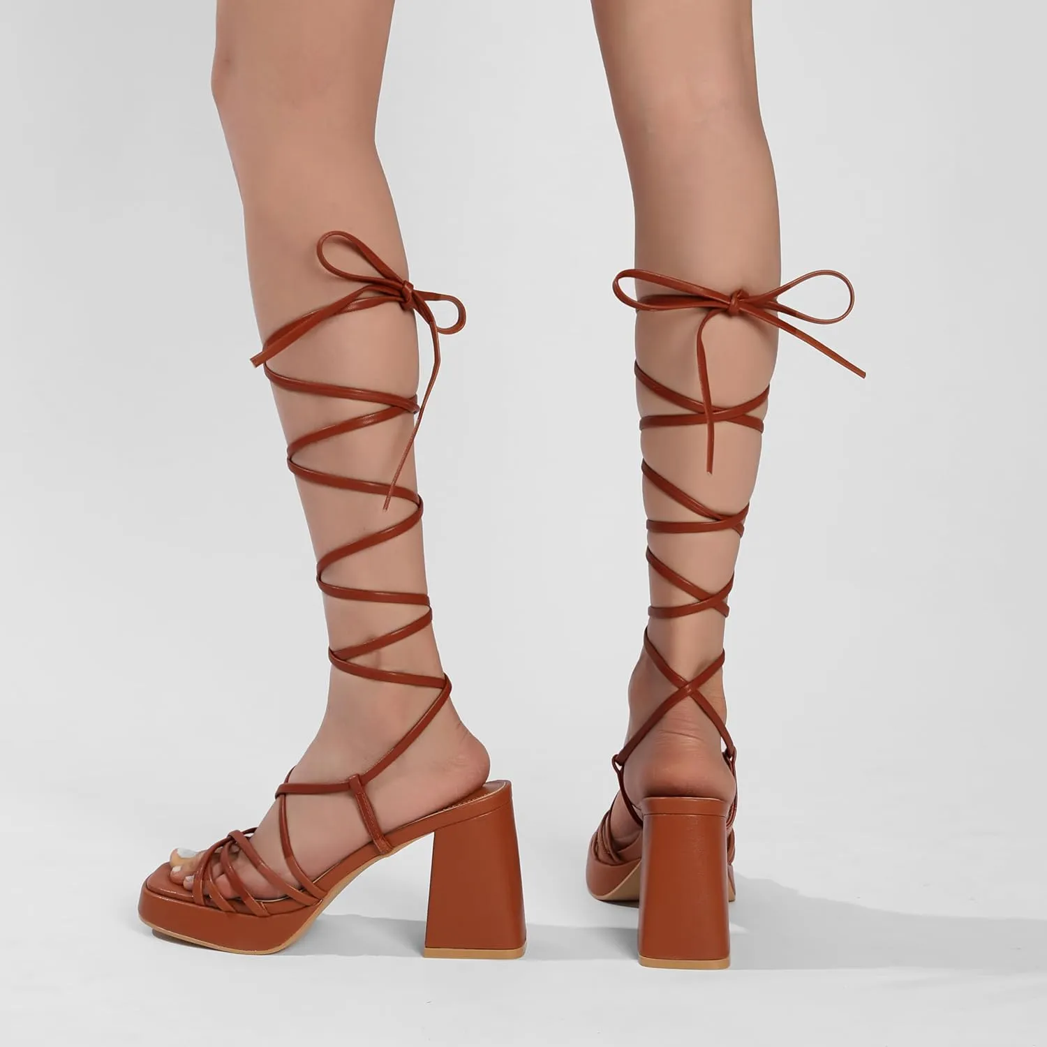 Womens Strappy Heels Lace Up Chunky Heel Sandals, High Heel Cute Platform Sandals Block Heel Wrap Sandals for Women Dressy Sexy with Adjustable Laces Square Toe