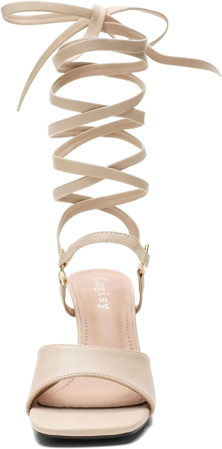Women's Strappy Lace Up Heels Low Kitten Open Square Toe Ankle Strap Heels Sexy Fashion Comfort Dress Shoes Party Pumps Heeled Sandals