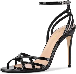 Womens Strappy Lace up Heels Sandals Sexy Stiletto High Heeled Open Square Toe Strap Summer Dress Shoes