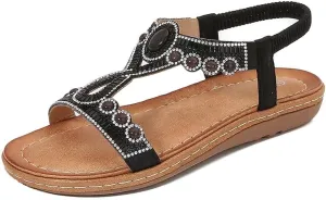 Womens Summer Flats Sandals Casual Summer Comfortable Ankle Elastic Rhinestones Bohemian Flat Sandals