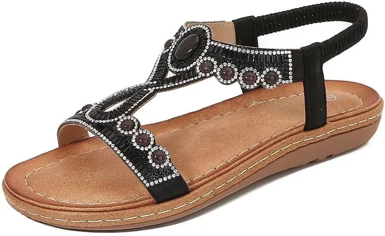 Womens Summer Flats Sandals Casual Summer Comfortable Ankle Elastic Rhinestones Bohemian Flat Sandals
