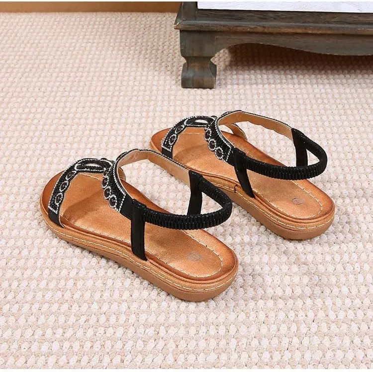 Womens Summer Flats Sandals Casual Summer Comfortable Ankle Elastic Rhinestones Bohemian Flat Sandals