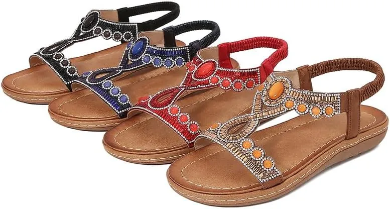 Womens Summer Flats Sandals Casual Summer Comfortable Ankle Elastic Rhinestones Bohemian Flat Sandals