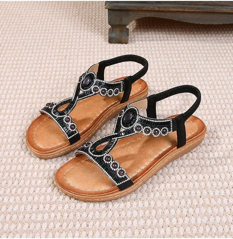 Womens Summer Flats Sandals Casual Summer Comfortable Ankle Elastic Rhinestones Bohemian Flat Sandals
