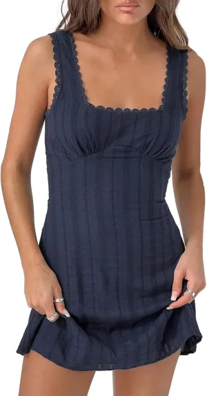 Women’s Summer Tank Dress Sleeveless Square Neck Lace Trim Solid Color A-line Dress Short Mini Dress
