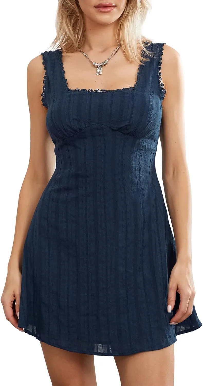 Women’s Summer Tank Dress Sleeveless Square Neck Lace Trim Solid Color A-line Dress Short Mini Dress