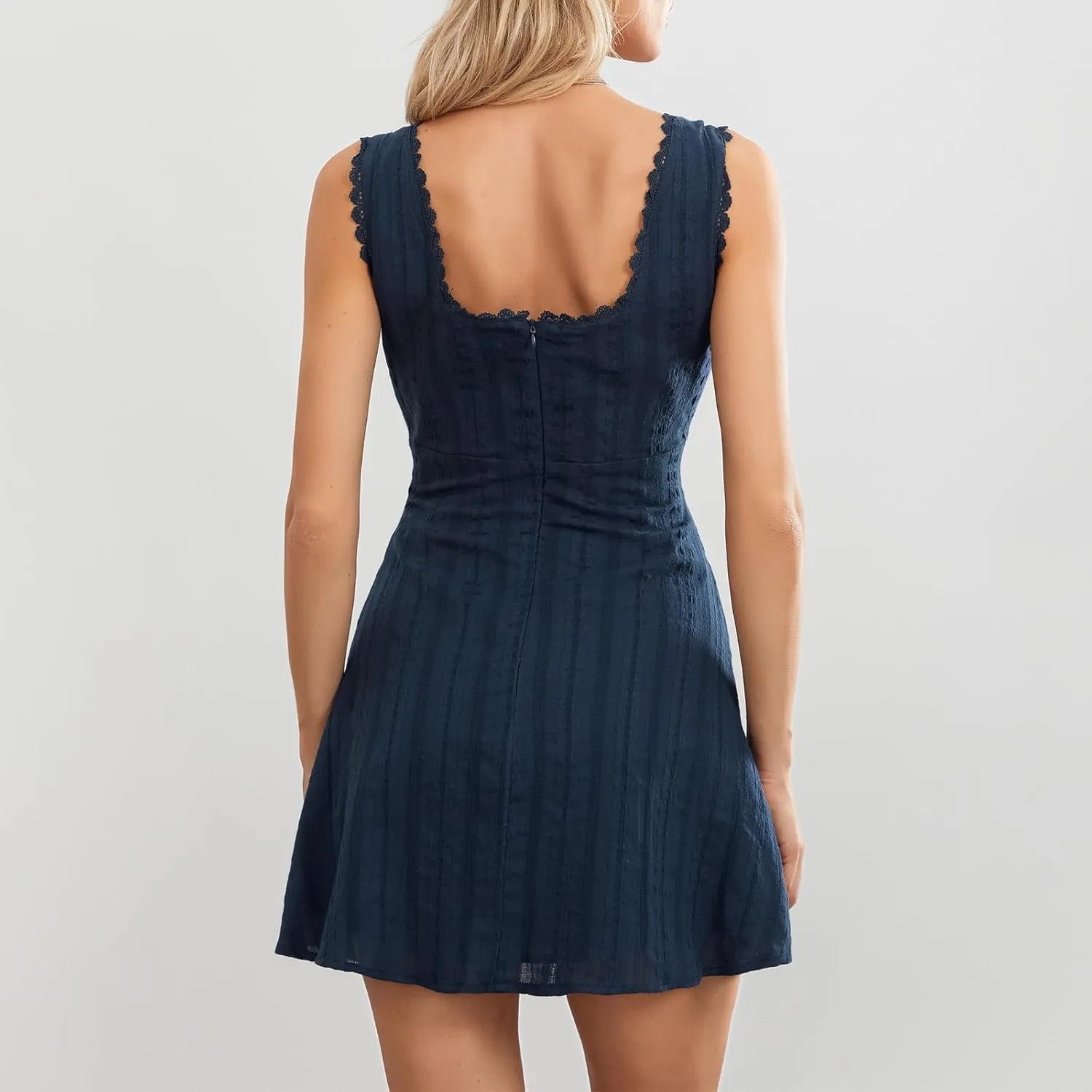 Women’s Summer Tank Dress Sleeveless Square Neck Lace Trim Solid Color A-line Dress Short Mini Dress