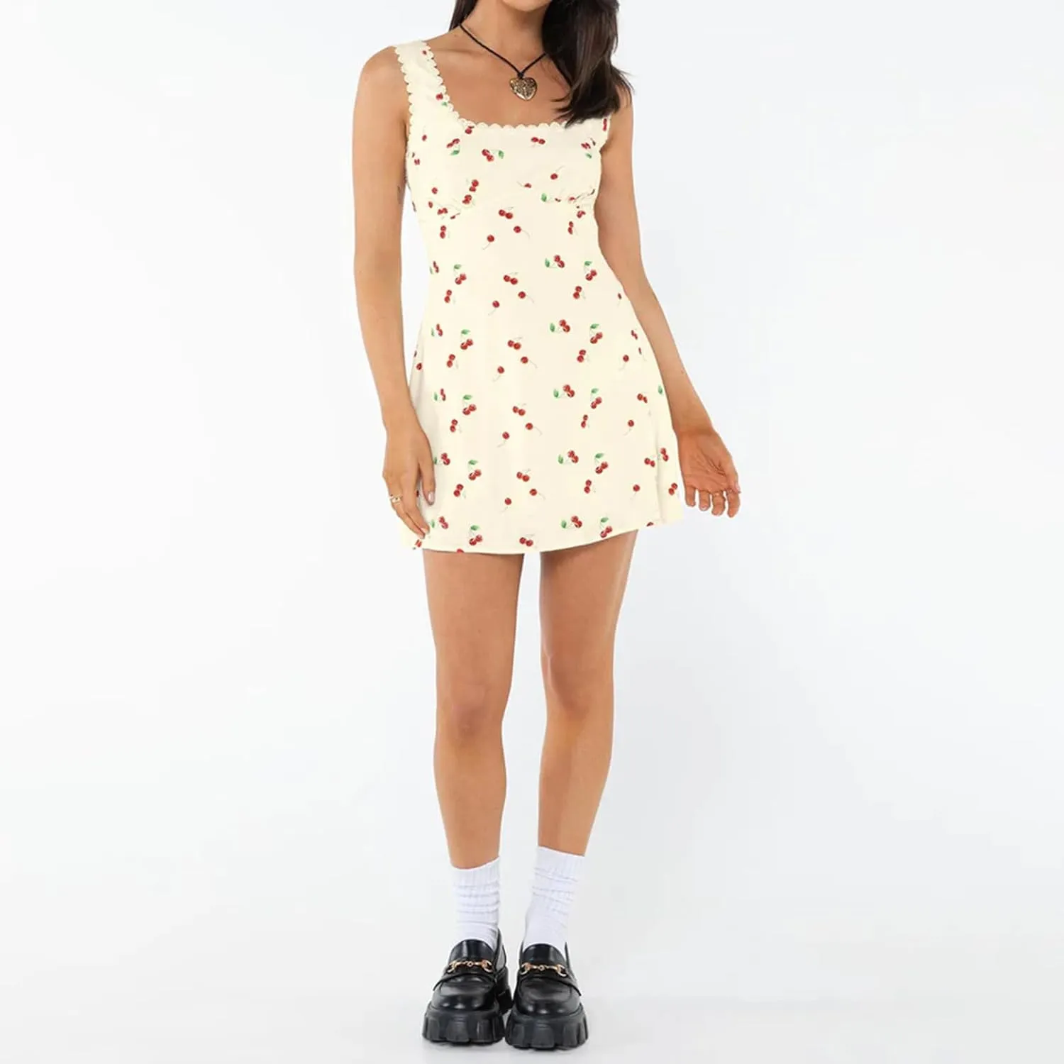 Women’s Summer Tank Dress Sleeveless Square Neck Lace Trim Solid Color A-line Dress Short Mini Dress