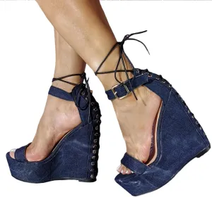 Women's Wedge Platform Sandals | Plus Size Strappy Beach Wedding High Heels for Men/Women | Summer Vacations & Nightlife Shoes,Blue,45