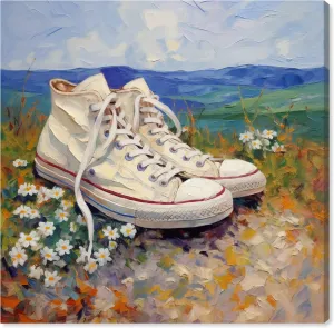 Wynwood Studio Fashion and Glam Country Rustic Wrapped Canvas Art - Sneakers Lost in a Field, Wall Art for Living Room, Bedroom, and Bathroom, 12" x 12", Blue and White Home Decor
