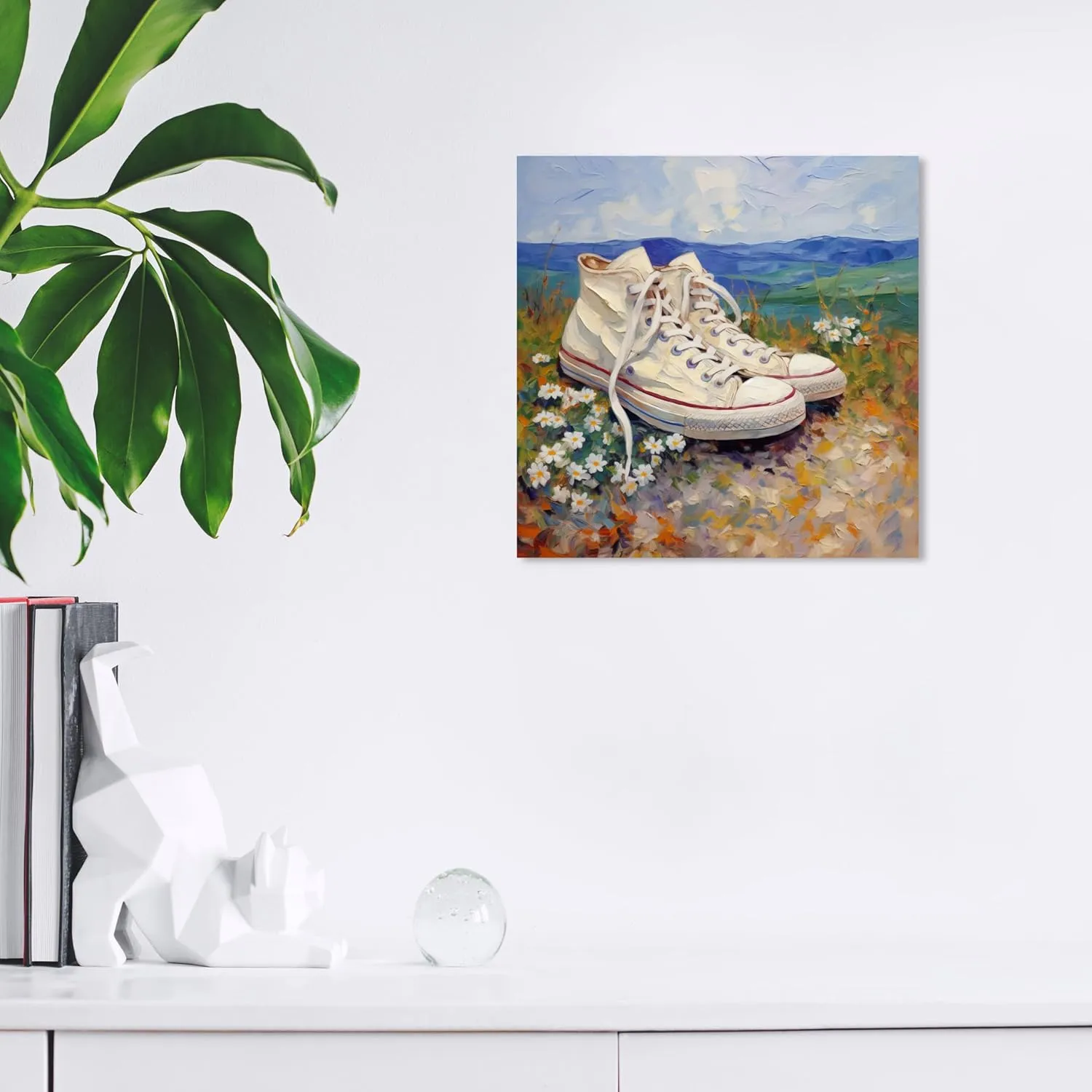 Wynwood Studio Fashion and Glam Country Rustic Wrapped Canvas Art - Sneakers Lost in a Field, Wall Art for Living Room, Bedroom, and Bathroom, 12" x 12", Blue and White Home Decor