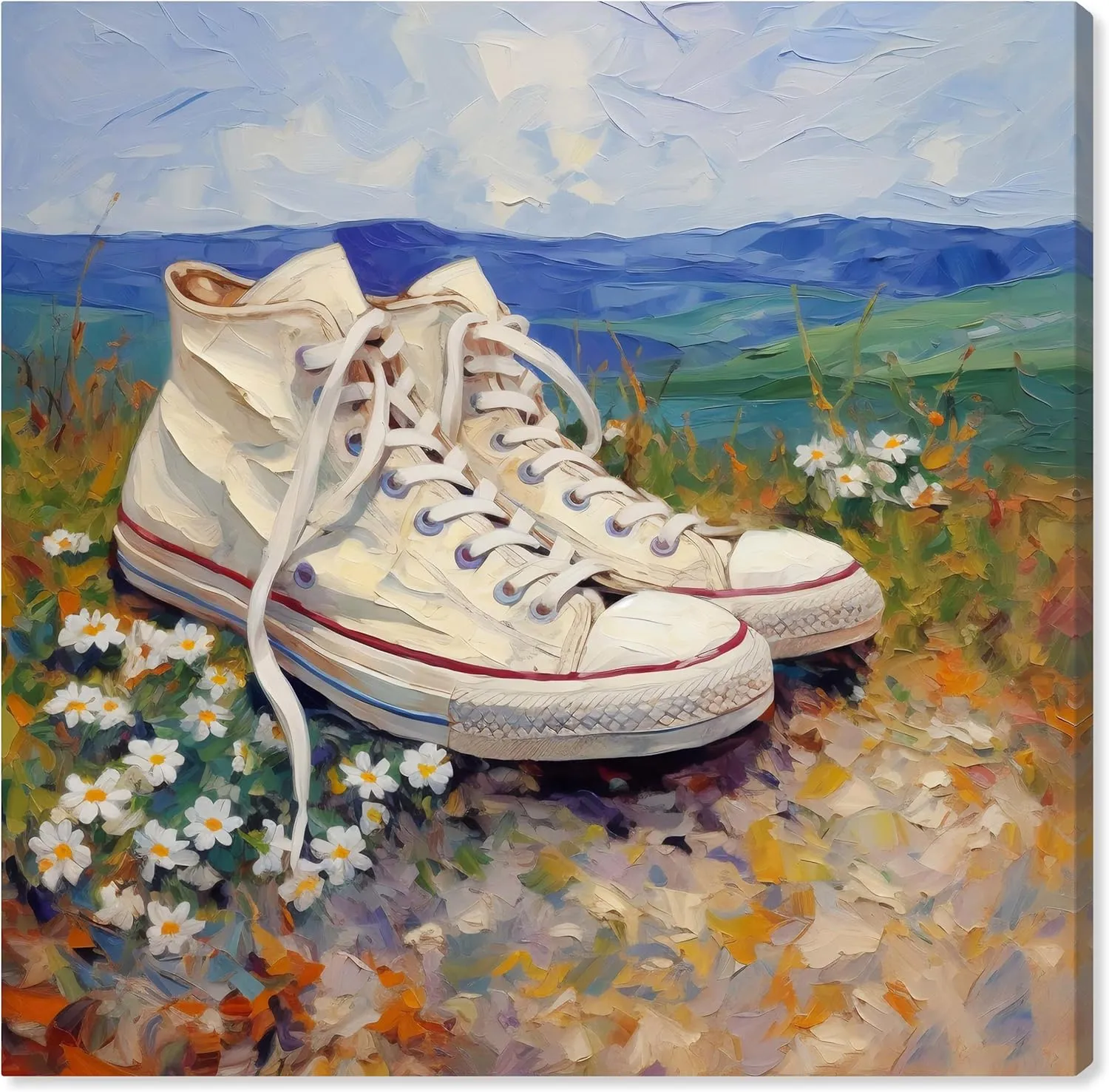 Wynwood Studio Fashion and Glam Country Rustic Wrapped Canvas Art - Sneakers Lost in a Field, Wall Art for Living Room, Bedroom, and Bathroom, 12" x 12", Blue and White Home Decor