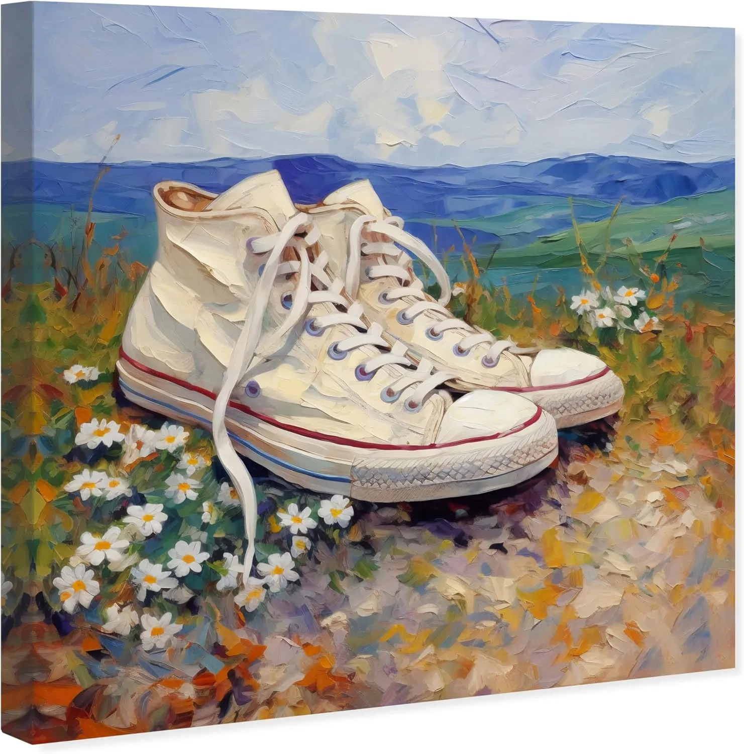 Wynwood Studio Fashion and Glam Country Rustic Wrapped Canvas Art - Sneakers Lost in a Field, Wall Art for Living Room, Bedroom, and Bathroom, 12" x 12", Blue and White Home Decor