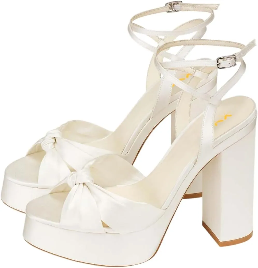 XYD Women Bowknot Ankle Strappy Block High Heel Sandals Open Toe Platform Pumps Evening Wedding Prom Shoes